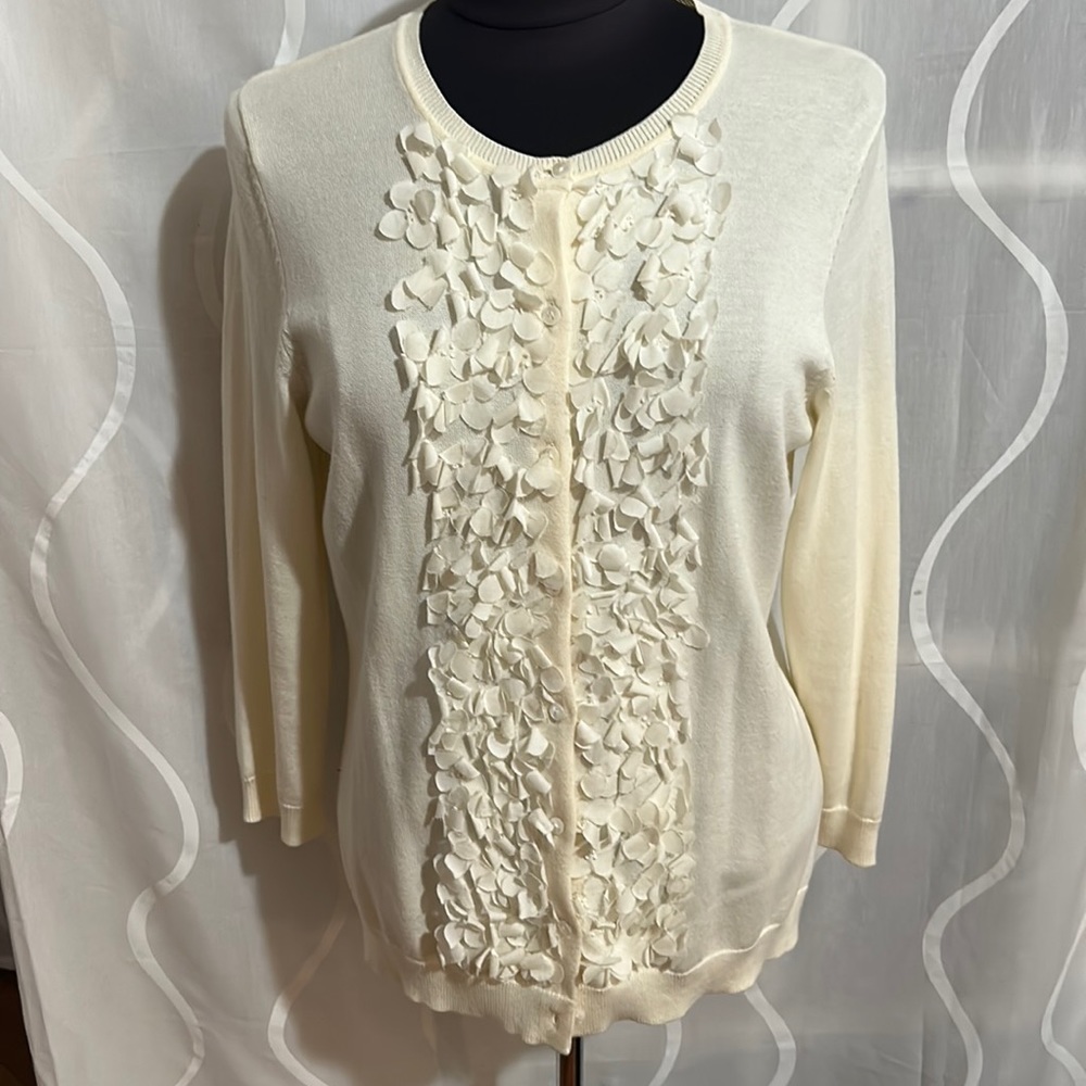 Charter Club Beige Button Down Cardigan With Flower Petals, Size Medium
